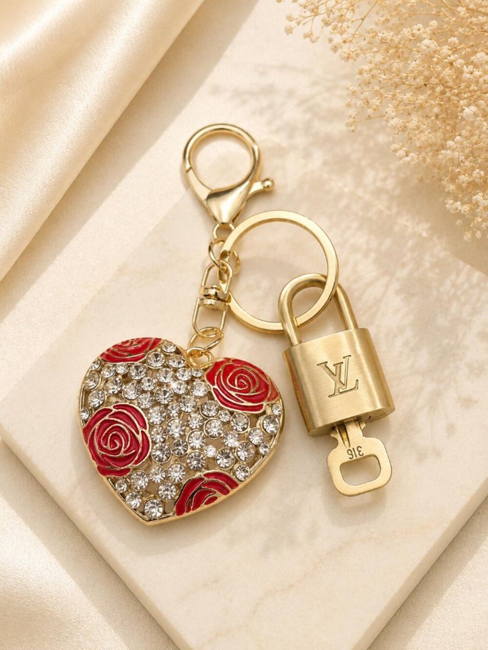 Louis Vuitton Authentic Gold Padlock 🔒Key + Unbranded Heart Keychain Bag Charm